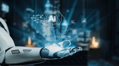 Fütüristik bir robot el sunar yapay zeka tasvirleri, teknolojik gelişmeyi ve dijital şehir ortamındaki akıllı yeniliği sembolize eder. Auvana