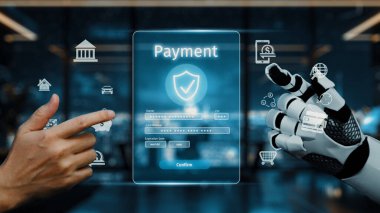 Bir insan eli ve robotik el dijital ödeme arayüzü ile etkileşime girer, modern finansal ortamda güvenlik özellikleri ve teknolojiyi gösterir. Auvana
