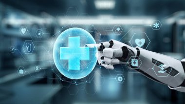 Robotik el işaretini kapat ve bulanık laboratuvar geçmişine sahip çapraz holograma dokun. Tıbbi verilere erişmek ve onları teşhis etmek için robot el tıklaması. Sağlıklı..