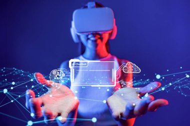 Yapay zeka sanal asistanı Chatbot ile yapay zeka konsepti ile insan etkileşimi, yapay zeka mühendisliği, LLM yapay zeka derin öğrenimi iş desteği için üretken yapay zeka kullanımı. FaaS