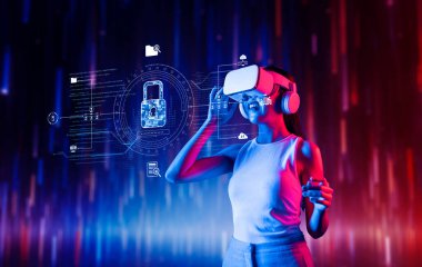 Bir kadın sanal gerçekliğe dalmış, gelişmekte olan teknoloji ortamında veri gizliliğini ve siber güvenliği vurgulayan güvenli bir çevrimiçi dünyayı keşfediyor. XDMCP