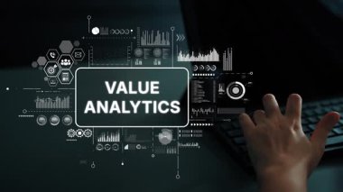 Veri Görselleştirme ile Yenilikçi Değer Analitik Kavramı, Modern Grafik ve Klavyede El Karanlık Ayarlarda. Asemptotik akıllı veri analitiği.