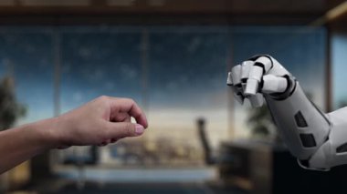 İnsan ve makine arasındaki işbirliğinin sembolik bir temsili, modern bir ofiste eğitim simgelerinin sergilenmesi, öğrenme ve yeniliğin evrimini vurguluyor. Auvana