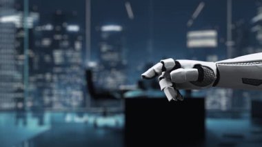 Bir robot el, modern başarı ve yeniliği temsil eden, şık bir şehir ortamında teknolojiyi ve bağlantıyı sembolize eden, ikonları içeren dijital bir arayüzle etkileşir. Auvana