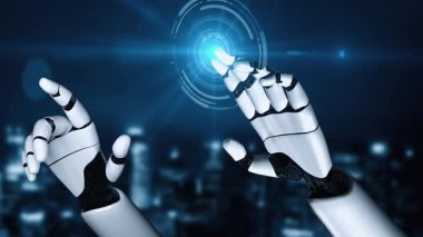 Gelecekçi robot yapay zeka yapay zeka yapay zekayı aydınlatıyor ve makine öğrenme kavramını geliştiriyor. İnsan hayatının geleceği için küresel robot biyonik bilim araştırması. 3B görüntüleme grafiği.