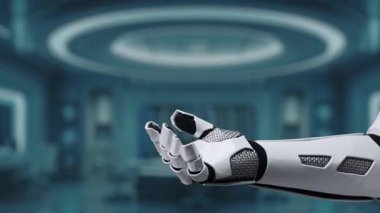 Fütürist bir robot el, teknolojiye odaklı ortamlarda yenilik ve güvenliği vurgulayan holografik elementler sergileyen bir dijital güvenlik arayüzü sergiliyor. Auvana
