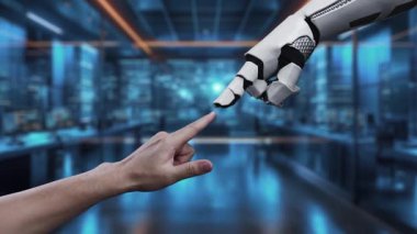 İnsan eliyle robot kol arasındaki etkileşimi gösteren büyüleyici bir sahne, modern ve yüksek teknolojili bir ortamda yapay zekayı vurguluyor. Auvana