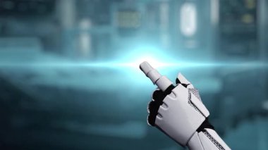Tıbbi verilere ya da teşhis semptomlarına ulaşmak için robotik el işaretlerini kapatın ve tıbbi çapraz holograma tıklayın. Yapay zeka semptomları analiz ederken robot el çapraz kontrol yapıyor. Sağlıklı..