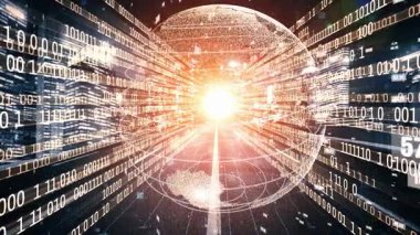 Fütürist küresel ağ ve dijital veri transferi 3D grafik. Yeni bilgi çağındaki küresel eğilimleri değiştiren akıllı dijital dönüşüm ve teknoloji bozulması kavramı .