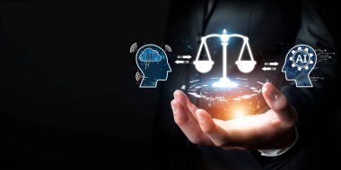 Yapay zeka ve hukuk etiği arasındaki dengenin görsel bir temsili, yönetim, uyum ve sorumluluğun dijital ortamda önemini vurguluyor. XDMCP