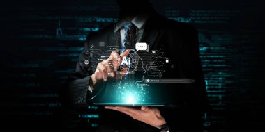 Yapay zeka sanal asistanı Chatbot ile yapay zeka konsepti ile insan etkileşimi, yapay zeka mühendisliği, LLM yapay zeka derin öğrenimi iş desteği için üretken yapay zeka kullanımı. FaaS