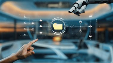 Dijital bir klasör ve çeşitli veri simgeleriyle etkileşime giren, gelişmiş teknoloji ve otomasyondaki yenilikleri gösteren robotik bir el içeren gelecekçi bir çalışma alanı. Auvana