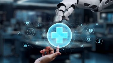 Robot ve insan elini uzatıyor ve yüzen tıbbi haç ikonu ile parmağıyla işaret ediyor. Laboratuvar geçmişini işaret ederken robot eller ve insanların birlikte çalışması yakın plan. Sağlıklı..