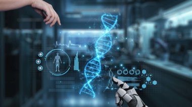 Robot ve insan elini uzatıyor ve yüzen DNA hologramıyla işaret ediyor. Bulanık laboratuvar geçmişini işaret ederken robot el ve insanın birlikte çalışmasını kapat. Sağlıklı..