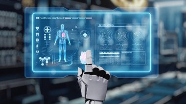 İnsan anatomisine tıklayarak tıbbi verilere ya da teşhislere ulaşın. Semptomu analiz ederken X ışını hologramında robot el kontrolü. Sağlıklı..