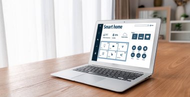 Smart home technology, centric remote control system with digital dashboard for air conditioning, safety security network or house automation. App software, ui panel programming IOT monitor snugly