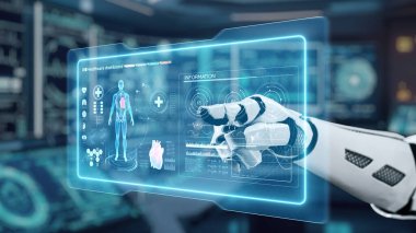 İnsan anatomisini gösteren ve bulanık laboratuvar geçmişine sahip robot el işaretlerini kapat. Robot el, tıbbi verileri teşhis semptomlarına bağlamak için x ray gösterge paneline tıklıyor. Sağlıklı..