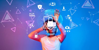 Bu çarpıcı görüntü, çevrimiçi güvenliğin önemini vurgulayan soyut şekiller ve dijital simgelerle siber güvenlik, gizlilik ve veri koruması kavramlarını temsil etmektedir. XDMCP