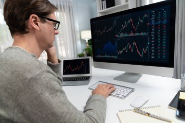 Bilgisayar ve dizüstü bilgisayarı kullanarak, çalışma masasındaki dinamik artırılmış borsa grafiğinin en yüksek kar değerini araştıran bir tüccar, modern ofisteki ekrandaki döviz kuru değerini analiz ediyor. Bireysel.