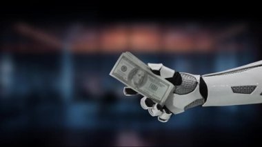Bir robot el, teknoloji ve finans kavramını sembolize eden bir yığın parayı kavrıyor. Bu görüntü yenilik, yatırım ve modern bankacılık temalarını yakalar. MZL