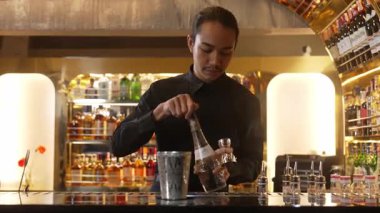 Asyalı barmenin karışık kokteyl likörünü likör karışımına katması, özel reklamı yaratıcı, canlandırıcı, bar lüksünde canlandırıcı bir vitrin haline getiriyor. Vinosity.