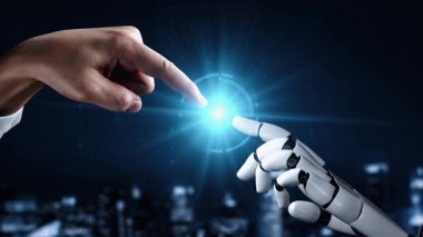 Gelecekçi robot yapay zeka yapay zeka yapay zekayı aydınlatıyor ve makine öğrenme kavramını geliştiriyor. İnsan hayatının geleceği için küresel robotik RPA bilim araştırması. 3B görüntüleme grafiği.