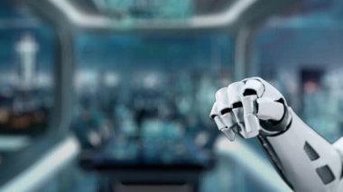 Yüksek teknolojili bir robot kolu, gelecekteki bir ortamda siber güvenlik ve veri korumasını temsil eden parlayan bir dijital kalkan sembolüyle etkileşime girer. Auvana