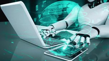 Internet connection controlled by AI robot huminoid and machine learning process to analyze data connectivity and cyber security . 3D rendering .