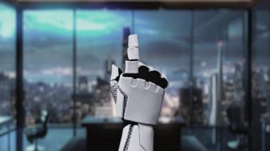 Robot bir el, modern bir ofiste gelişmiş güvenliği temsil eden parıldayan dijital kilit sembolüne dokunuyor. Arkaplanda, yenilikçi teknolojinin altını çizen bir şehir silueti görülüyor. Auvana