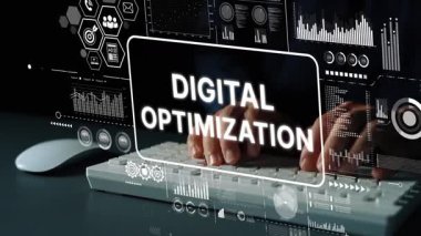 Veri Analizi Grafikleri ve Odaklı Klavye ile Dijital İyimserleştirme Konsepti. Asemptotik akıllı veri analitiği.