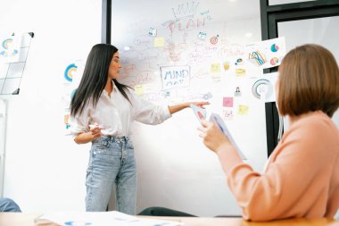 Kafkasyalı genç bir yönetici, iş sorularını güvenle cevaplarken zihin haritası, grafik kullanarak pazarlama stratejisi sunuyor. Takım çalışması, beyin fırtınası, tartışma konsepti. Tertemiz..