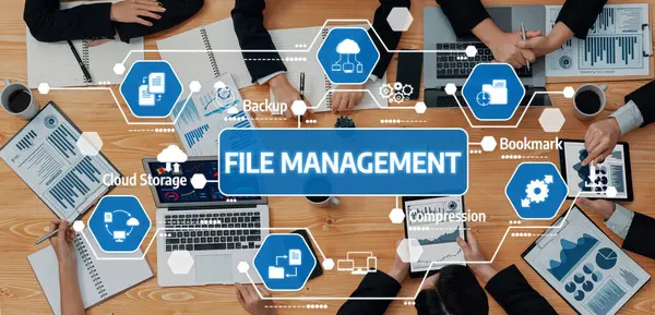 İş verimliliğini ve verimliliğini artırmak için modern dijital araçlar ve stratejiler sergilenen, işbirlikçi bir çalışma alanı yoluyla resmedilmiş temel dosya yönetimi kavramlarını araştırın. Dostluk