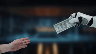 Gelecekçi bir robot el, insan eline teknoloji ve finans sinerjisini gösteren bir banknot sunar. Görüntü bir değiş tokuş anını yakalıyor, yenilikleri vurguluyor. MZL