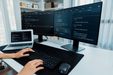 Bilgisayarda kodlama programı veri web sitesi uygulaması ile bilgi yazarken, kot gömlek giyip güvenlik analizi yaparken görüntülenmiş bir IT geliştiricisi görüntüsü. Taktik.