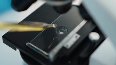 Bilimsel laboratuar araştırmacısı mikroskobik slayt üzerine sıvı örneği bırakır. Tıbbi muayene için ya da yeni teşhis aleti için. Mikrobiyolog ya da tıp çalışanı laboratuarda deney yapıyor. Ağır çekim. Katı.