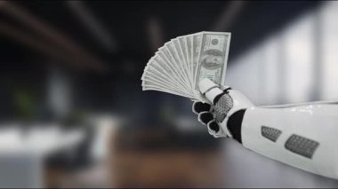 Robot bir el, günümüzün dijital çağında finans ve teknolojinin kesişimini mükemmel bir şekilde gösteren çağdaş ofis ortamında bir yığın para sergiliyor. MZL