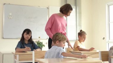 Enerjik zeki öğretmen sınıftaki beyaz çocuğa sınıf çalışmasını anlatırken aynı zamanda çok kültürlü bir öğrencinin derste dinlemesini ve çalışmasını anlatıyor. Aktif öğretmen sınav ya da sınıf çalışmasından bahsediyor. Pedagoji.