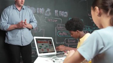 Öğretmenler kodlama sistemini öğretirken, farklı akademik öğrenciler STEM teknoloji sınıfında ana tahtayı dizüstü bilgisayar programlama programlama veya mühendislik kodu ile düzeltiyorlar. Öğretim