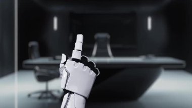 Fütüristik bir robot eli, teknolojiyi ve yeniliği vurgulayan parlak ve modern bir çalışma alanında holografik bir roket ve çeşitli iş simgelerinin yer aldığı dijital bir ekran ile etkileşime girer. Auvana