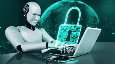 AI robot huminoid uses cloud computing technology to store data on online server . Futuristic concept of cloud information storage analyzed by machine learning process . 3D rendering .