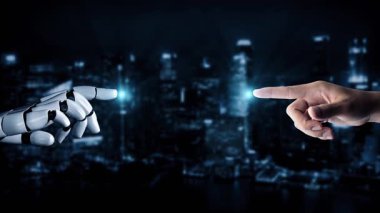 Gelecekçi robot yapay zeka yapay zeka yapay zekayı aydınlatıyor ve makine öğrenme kavramını geliştiriyor. İnsan hayatının geleceği için küresel robot biyonik bilim araştırması. 3B görüntüleme grafiği.