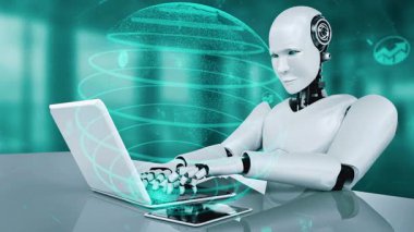 Future financial technology controll by AI robot huminoid uses machine learning and artificial intelligence to analyze business data and give advice on investment and trading decision . 3D rendering .