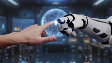 Siber güvenlik ve yenilik kavramlarını gösteren yüksek teknolojili bir ortamda parlayan dijital kilit sembolünü hedef alan bir insan eli robot ele doğru uzanır. Auvana