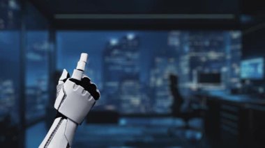 Bir robot el bulut teknolojisiyle etkileşime girer, veri yönetimindeki yenilikleri vurgular. Arka planda dijital simgelerle dolu modern bir ofis ortamı sergileniyor. Auvana