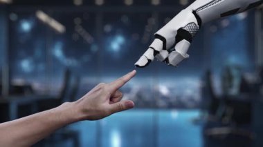 Bir insan eli, yüksek teknolojili çalışma alanındaki bir robot kola uzanıyor, holografik kullanıcı arayüzünü gösteriyor, insanlık ve teknoloji arasındaki sinerjiyi sembolize ediyor. Auvana