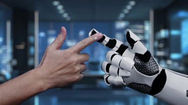 Siber güvenlik ve veri korumasının geleceğini sembolize eden, yüksek teknolojili bir ortamda insan eli ve robot bir eli gösteren büyüleyici bir video. Auvana