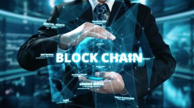 İşadamlarının elinde engelleme teknolojisi kavramları var. Finansal p2p ağı ve kripto para birimi ticareti UUID