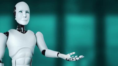 AI hominoid robot holding virtual hologram screen showing concept of AI brain and artificial intelligence thinking by machine learning process. 3D rendering.