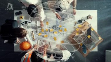 Yetenekli mimar mühendisinin küresel bağlantı hologramıyla ya da bilgisayar ağının hologramıyla birlikte çalıştığına dair üst düzey bir görüş. Proje yöneticisinin hava görüntüsü konuşuyor ve tasarımı açıklıyor. Hizalama.