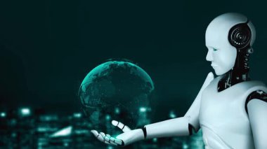 AI robot huminoid uses cloud computing technology to store data on online server . Futuristic concept of cloud information storage analyzed by machine learning process . 3D rendering .